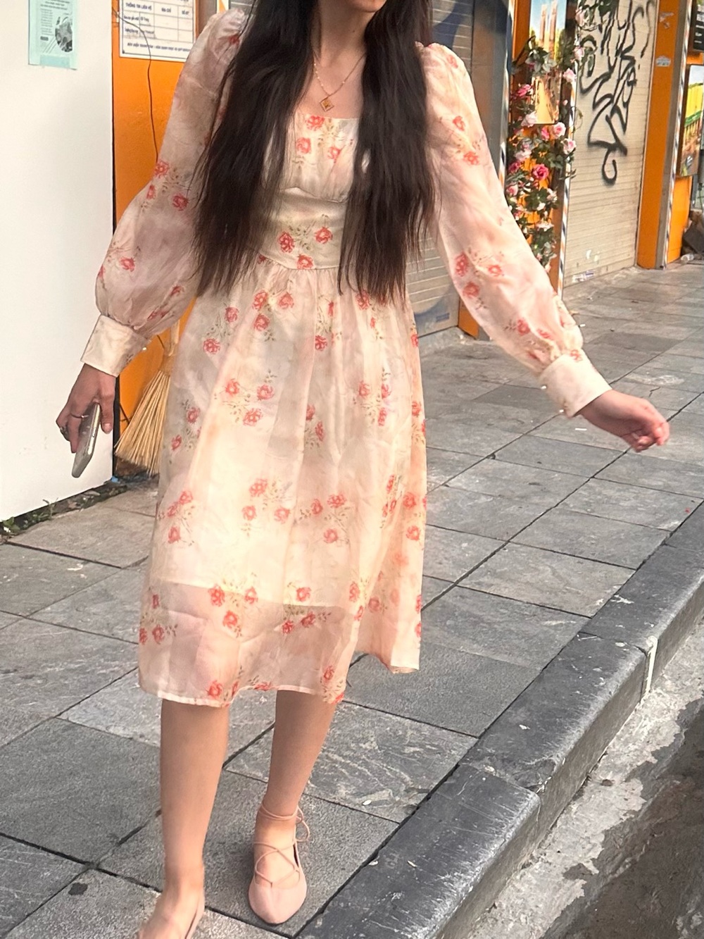 Pink Floral Long-Sleeve Party Dress